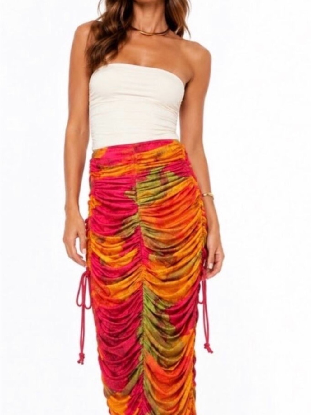 🔥NWT Andrea Iyamah Red and Yellow Ruched Midi Skirt SZ XS